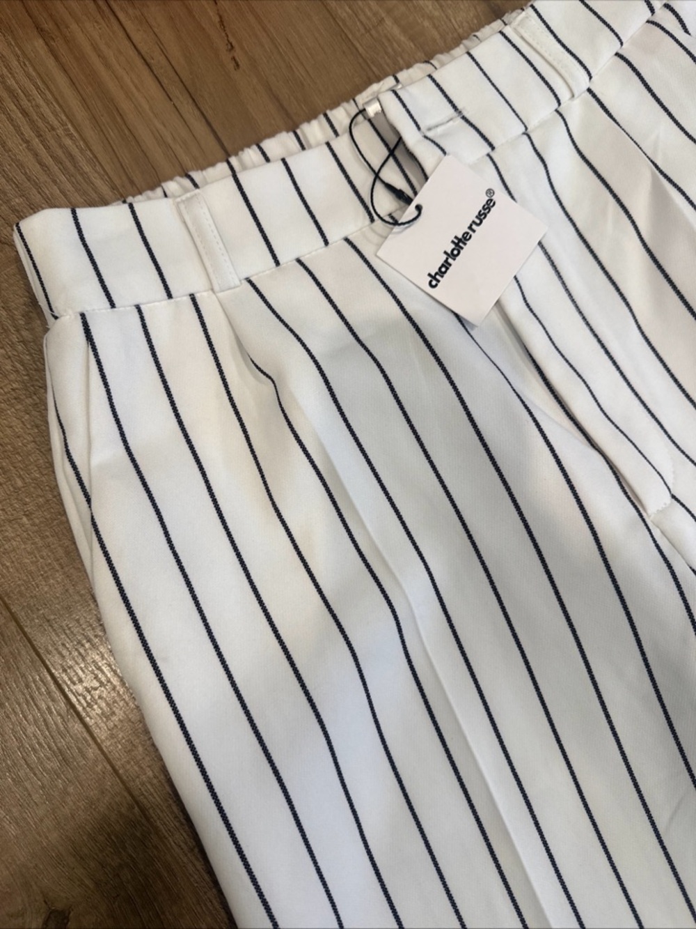 Charlotte Russe White Top with Navy Pinstripes
